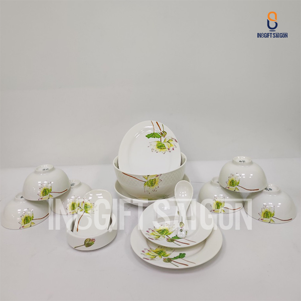 Bộ chén đĩa sứ Bát Tràng in hoa sen xanh quà tặng sang trọng