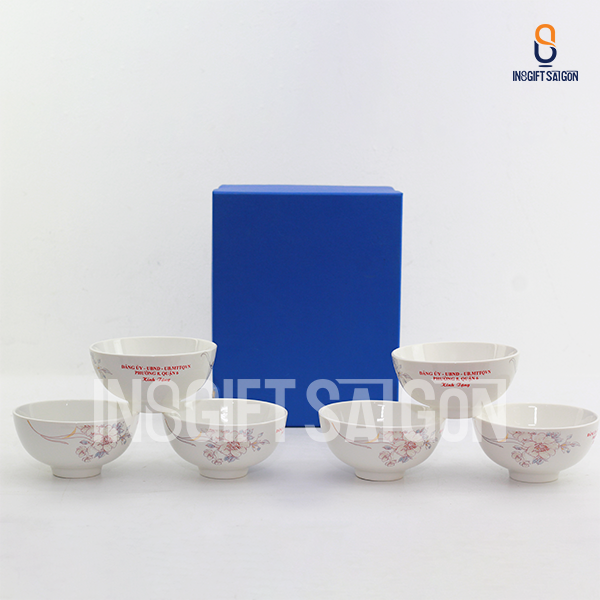 Bộ 6 chén ăn cơm sứ trắng vẽ hoa in logo theo yêu cầu